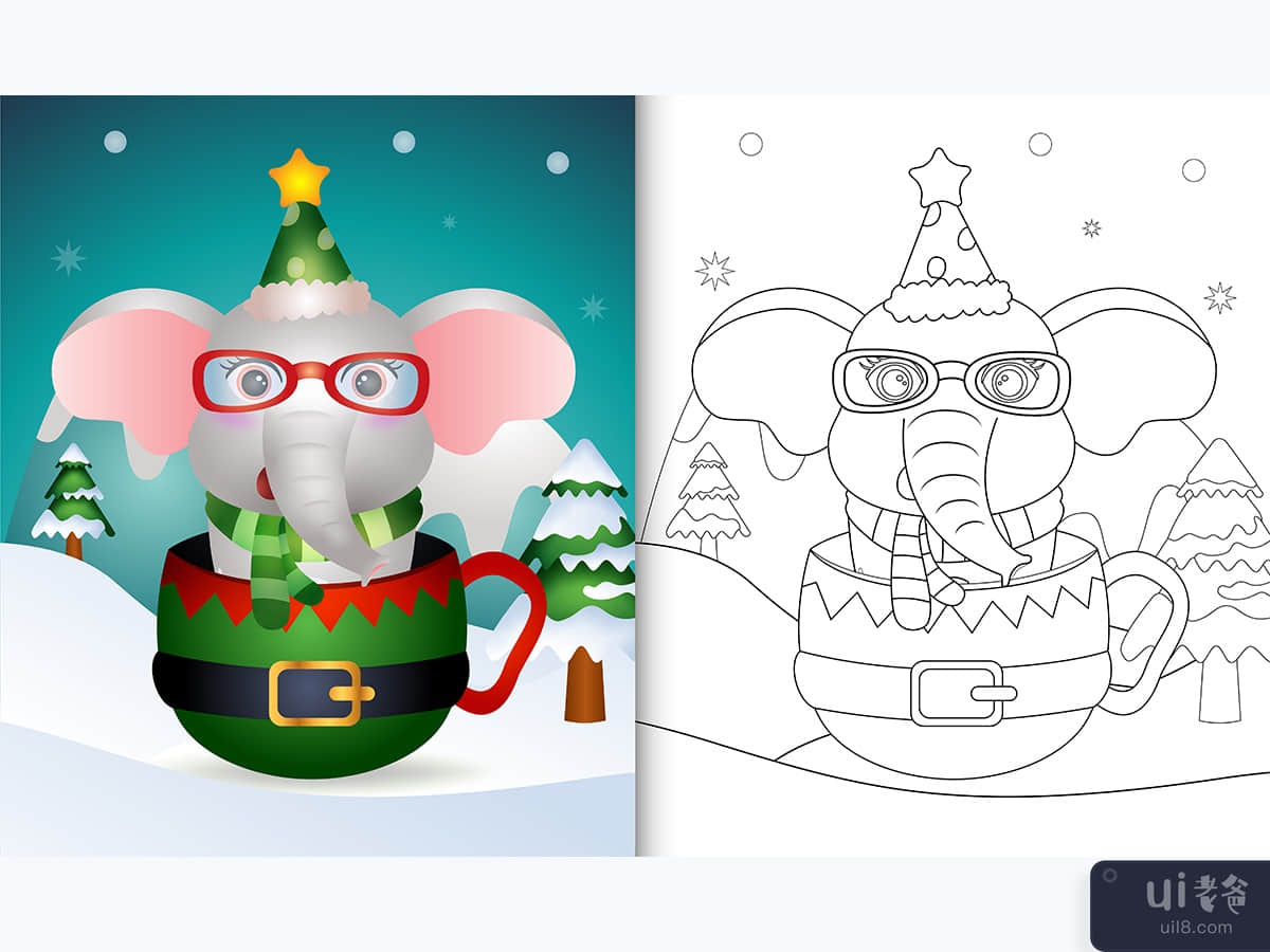 精灵杯中带有可爱大象圣诞人物的着色书(coloring book with a cute elephant christmas characters in the elf cup)插图2