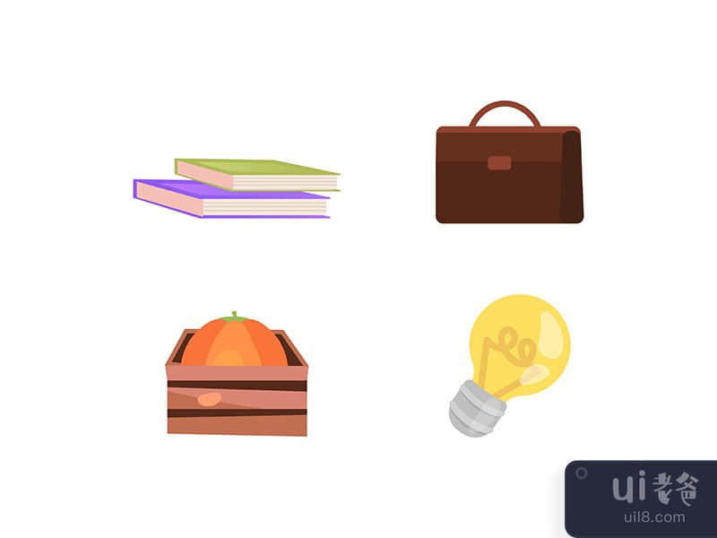 Briefcase and books flat color vector objects set