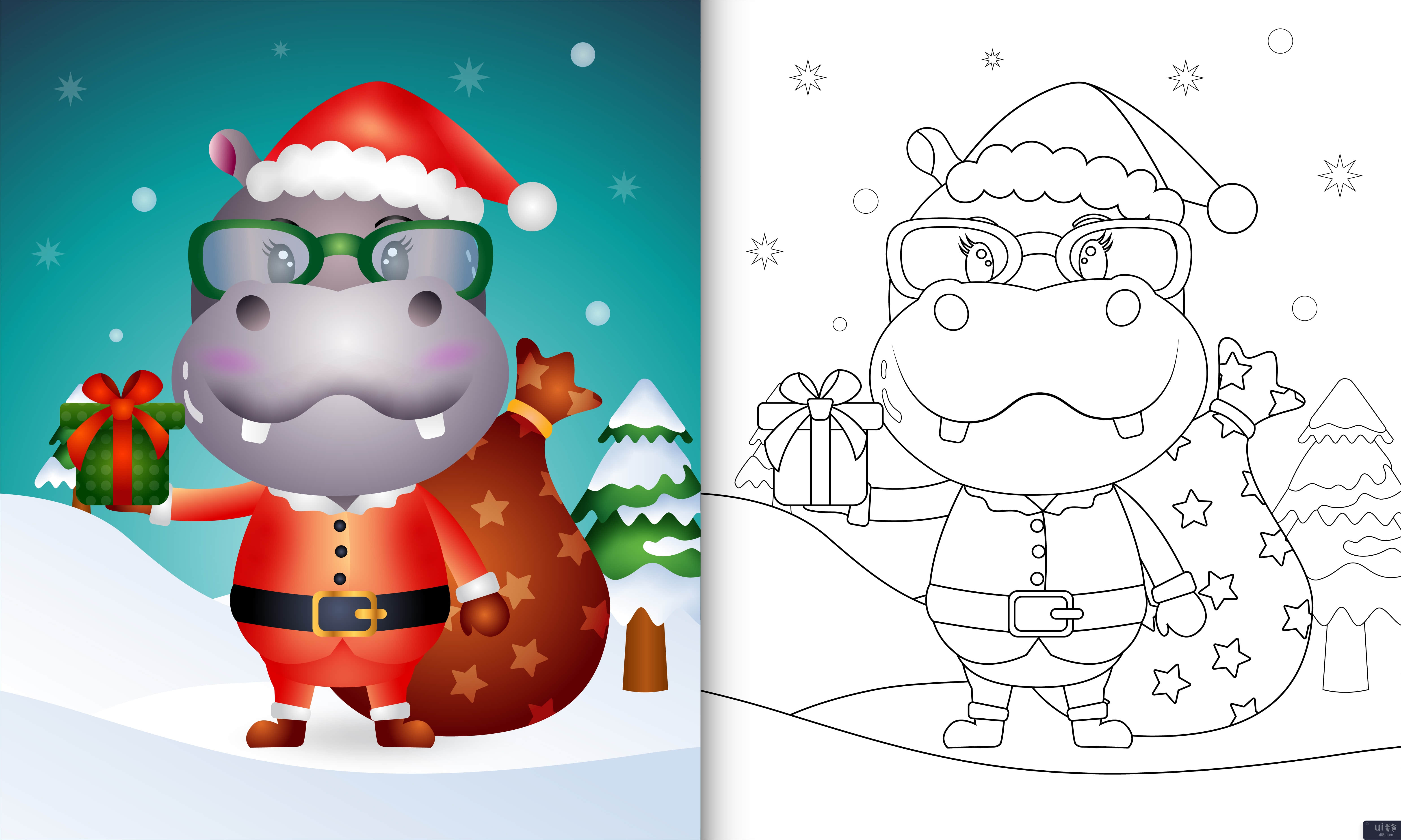 使用圣诞老人服装的可爱河马着色书(coloring book with a cute hippo using santa clause costume)插图2