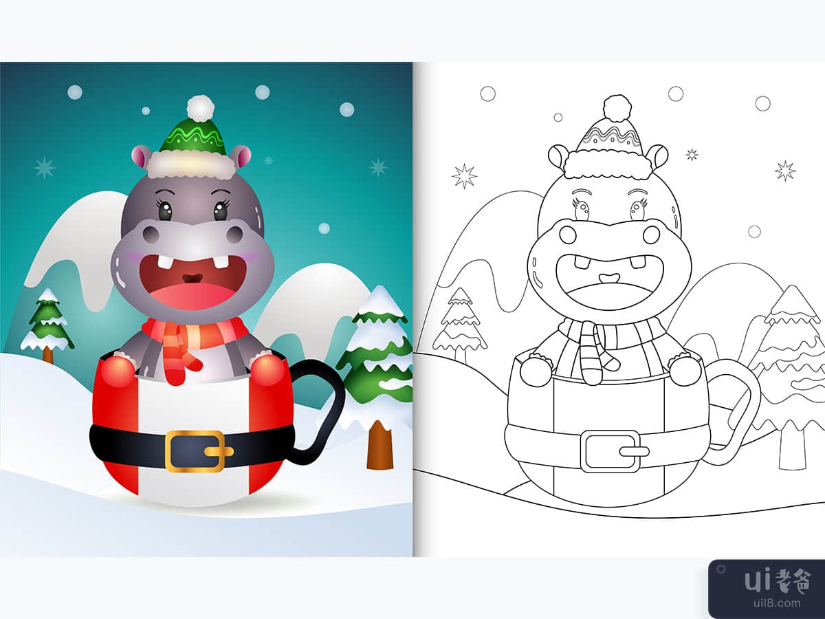 圣诞老人杯中带有可爱河马圣诞人物的着色书(coloring book with a cute hippo christmas characters in the santa cup)插图2