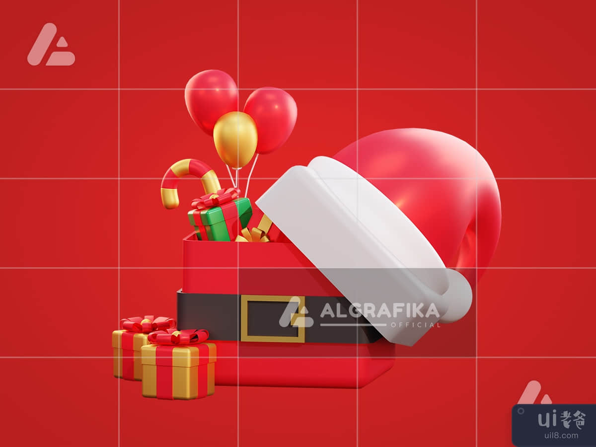3d christmas santa giftbox and balloon