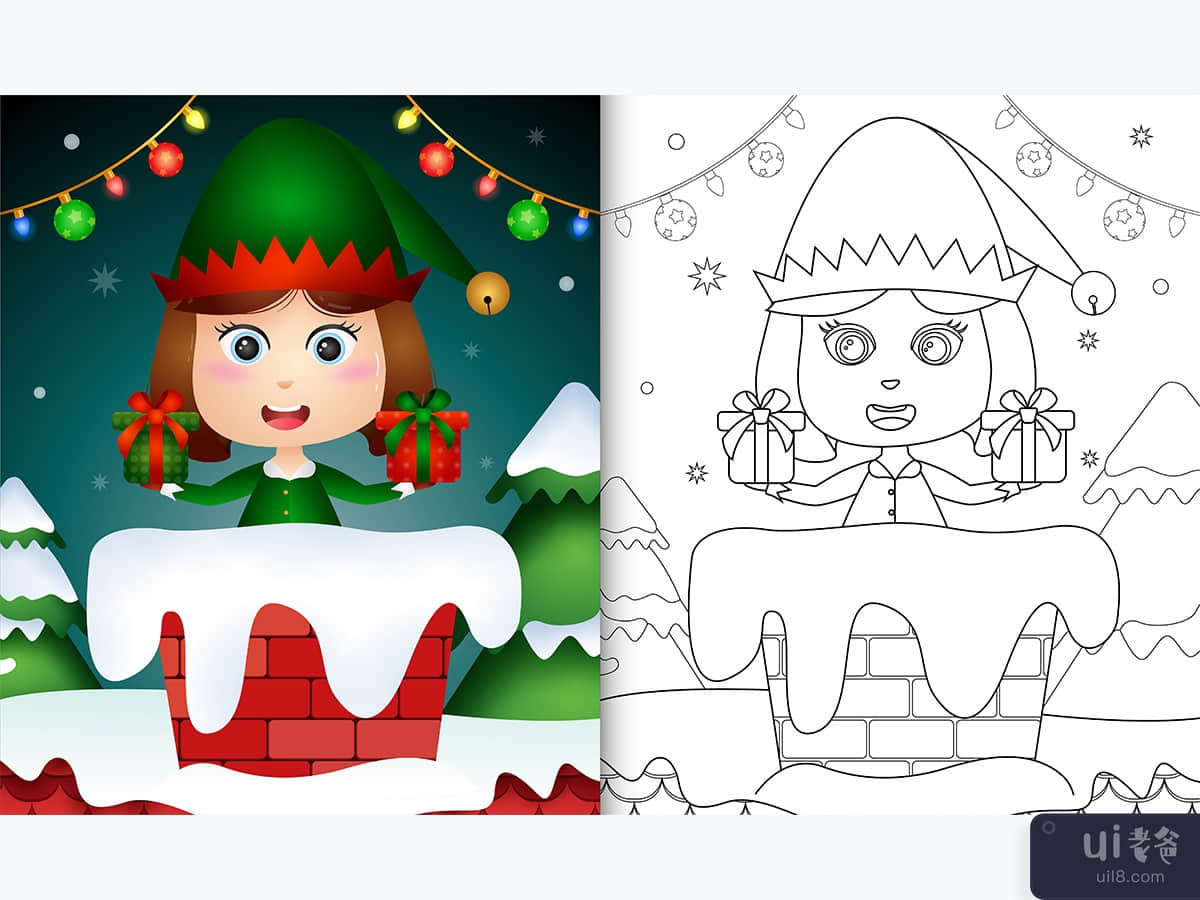 为孩子们在烟囱里有精灵女孩的可爱着色(cute coloring for kids with elf girl in chimney)插图1
