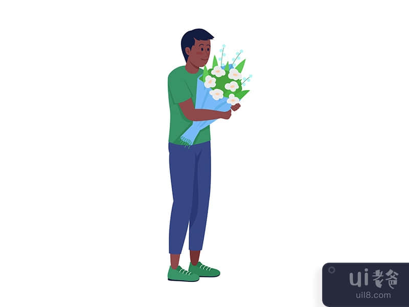 Boy with floral arrangement semi flat color vector character