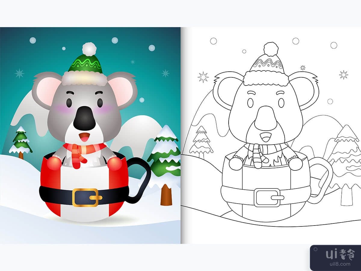 coloring book with a cute koala christmas characters  in the santa cup