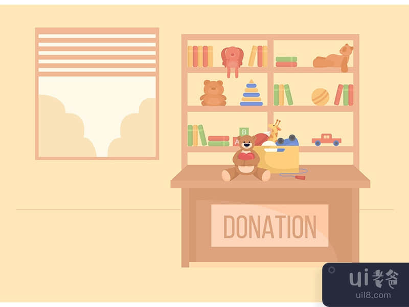 Children donations center flat color vector illustration