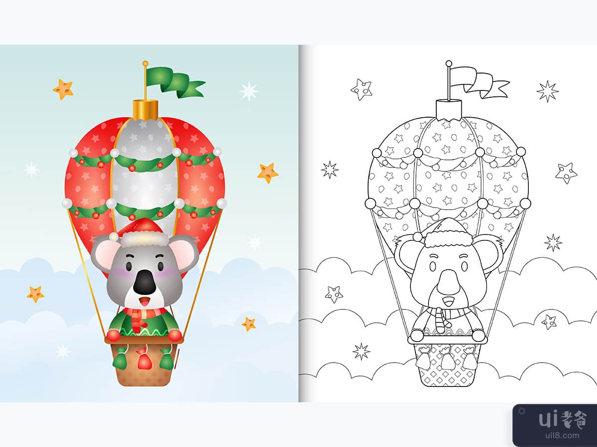 coloring book with a cute koala christmas characters on hot air balloon