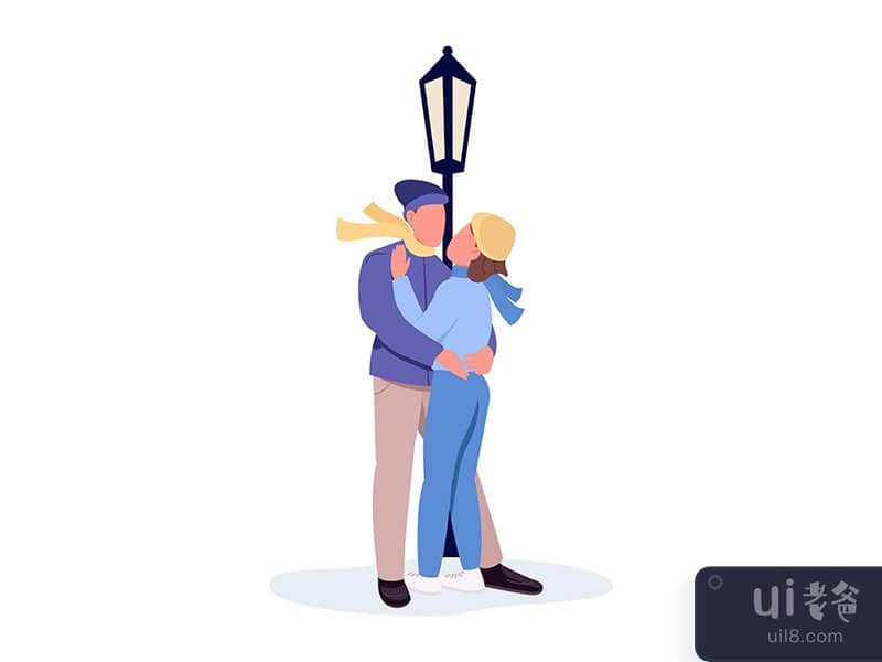 Couples hugging under lantern semi flat color vector characters