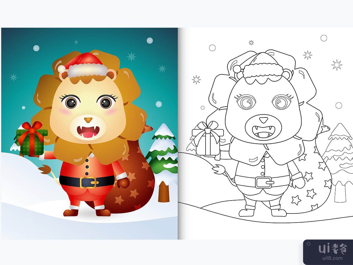 coloring book with a cute lion using santa clause costume
