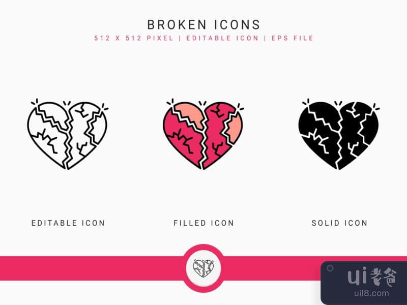 Broken icons set vector illustration with solid icon line style