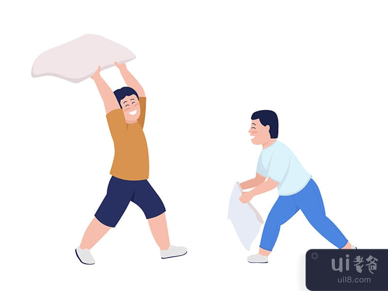 Boy playing pillow fight semi flat color vector characters