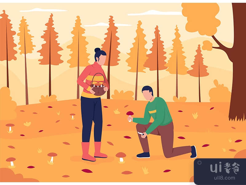 Couple foraging mushrooms flat color vector illustration.