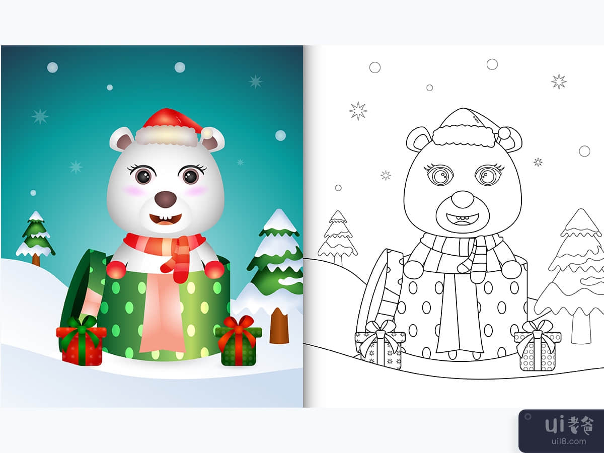 coloring book with a cute polar bear christmas characters