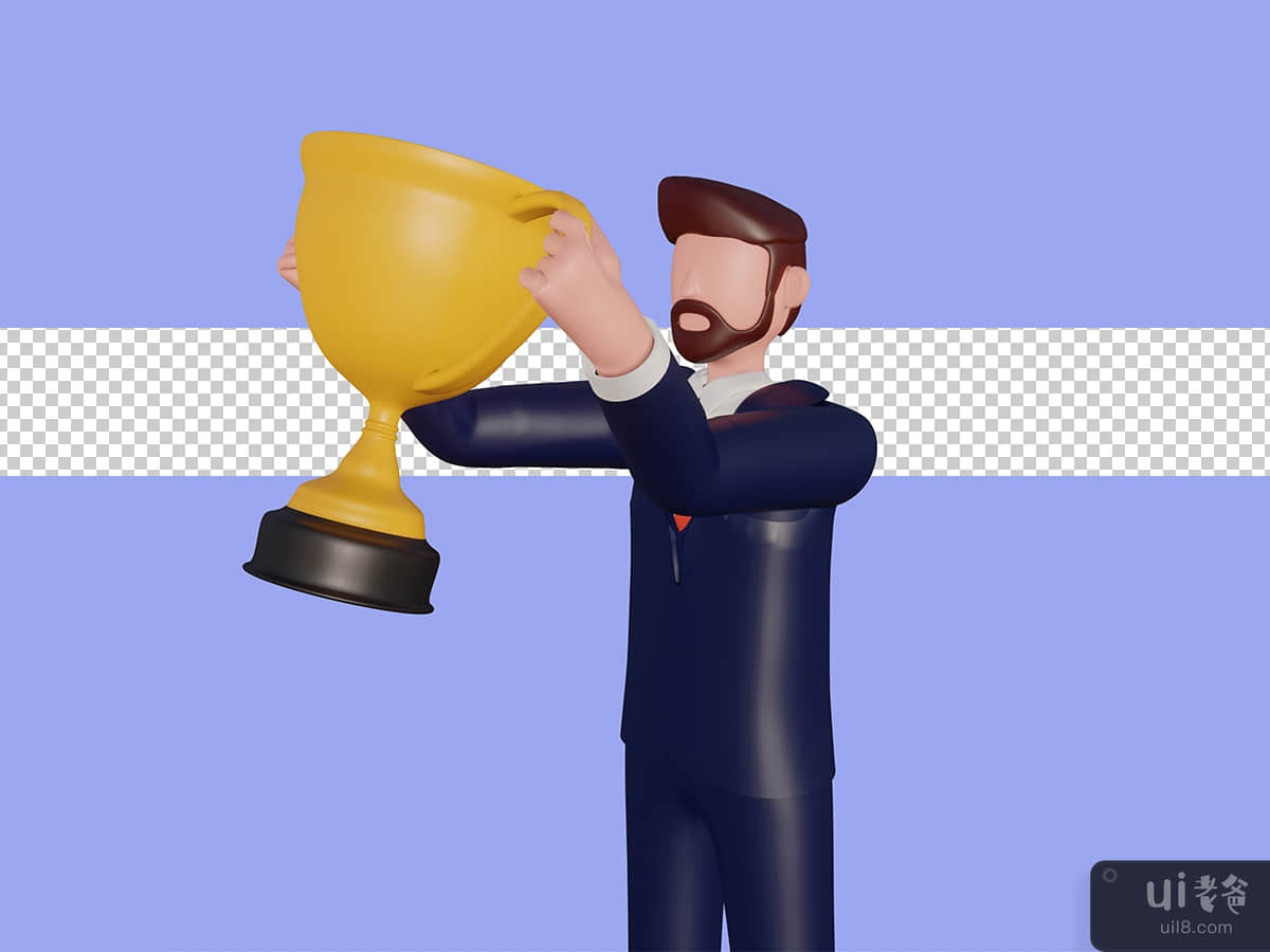 3d male character lifting the winning trophy. Psd Premium