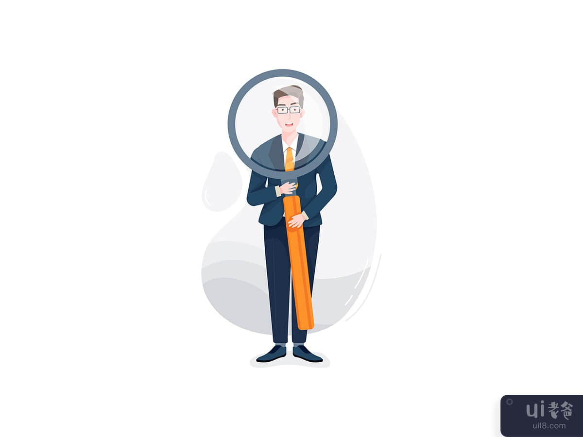Confused businessman standing with a large magnifying glass