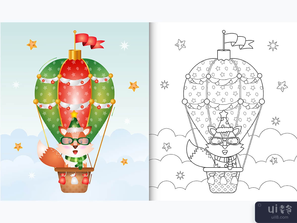 coloring book with a cute fox christmas characters on hot air balloon