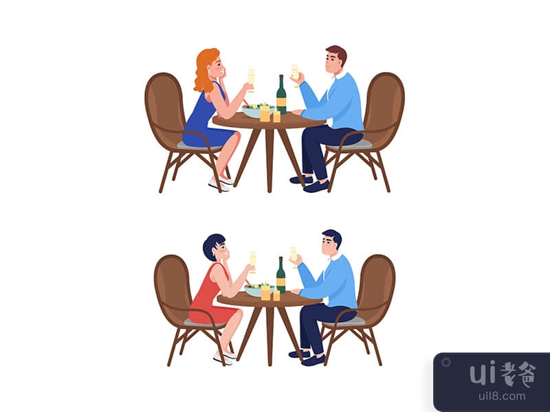 Couple at dinner semi flat color vector character set