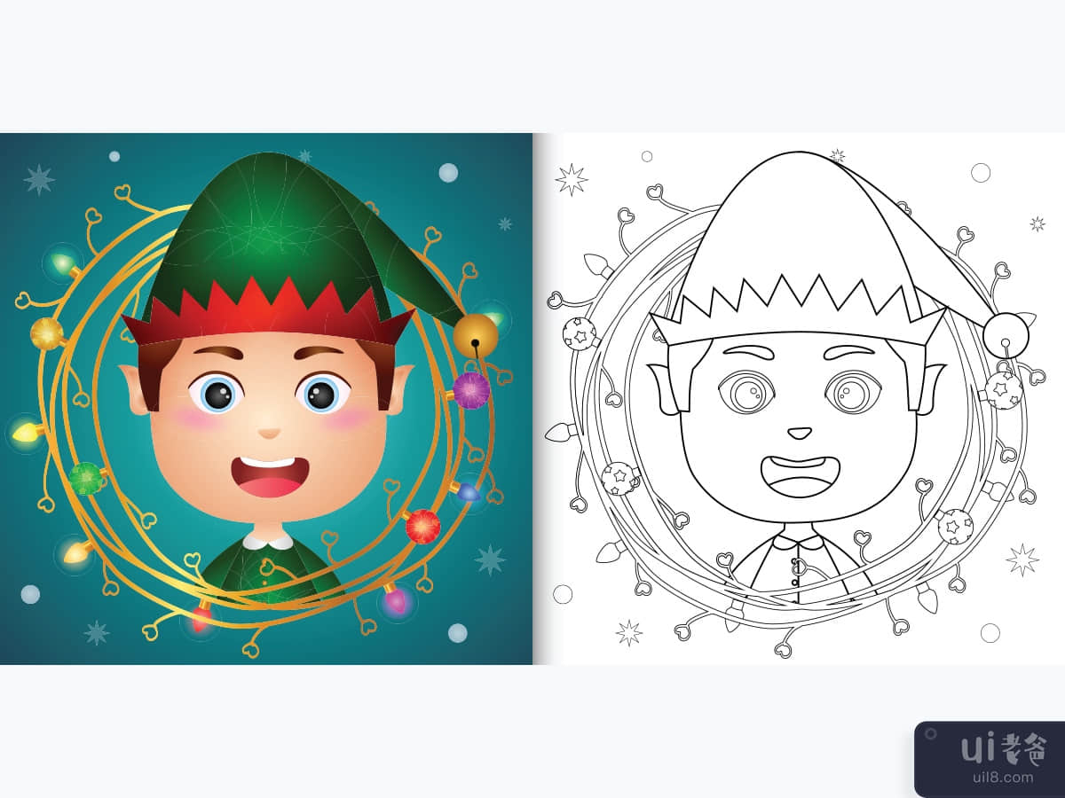 coloring book with a cute boy elf with twigs decoration christmas