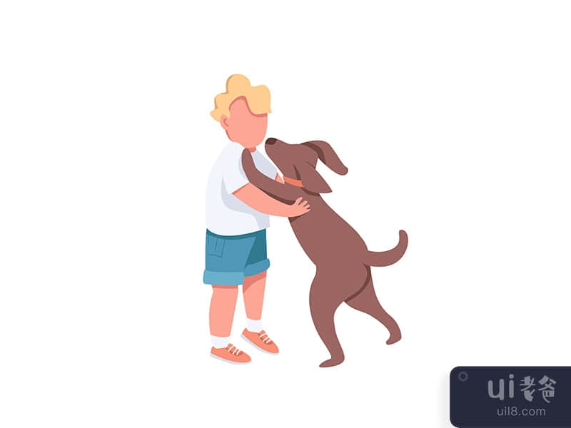 Boy play with dog flat color vector faceless characters