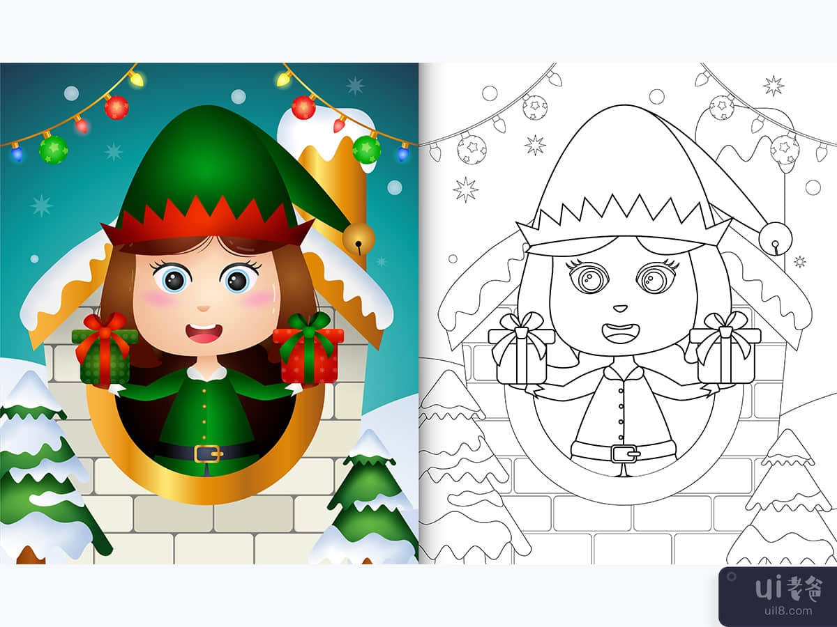coloring book with a cute girl elf christmas characters