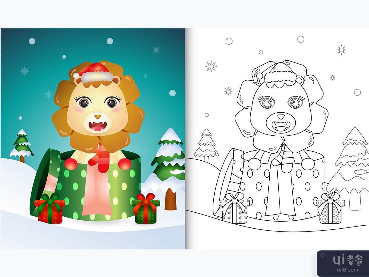 带有可爱的狮子圣诞人物的图画书(coloring book with a cute lion christmas characters)插图2