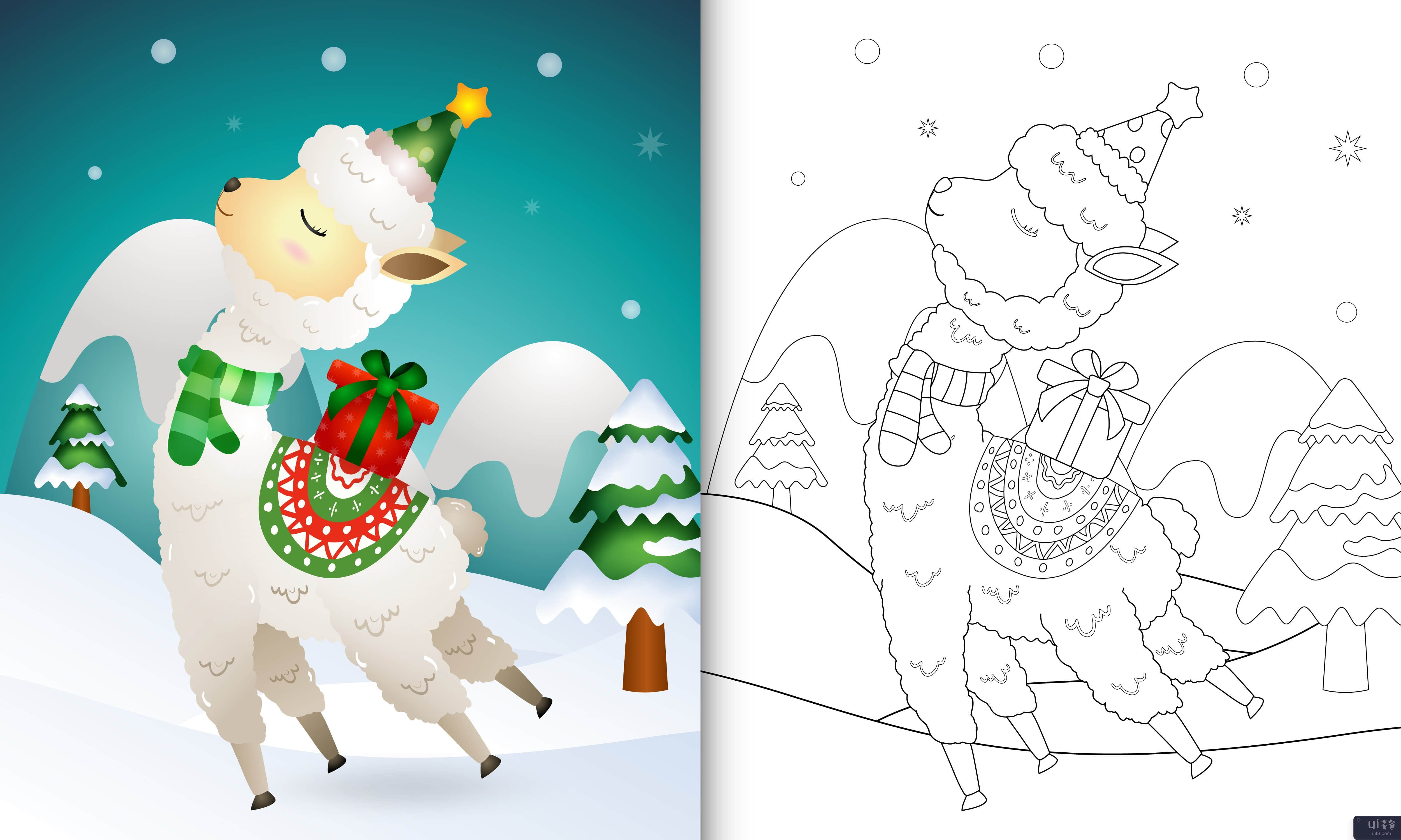 带有可爱羊驼圣诞人物的图画书(coloring book with a cute alpaca christmas characters)插图2