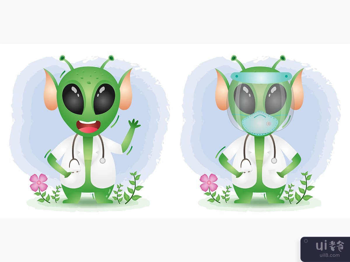 可爱的外星人与服装医生使用面罩和面具(cute alien with costume doctor using face shield and mask)插图2