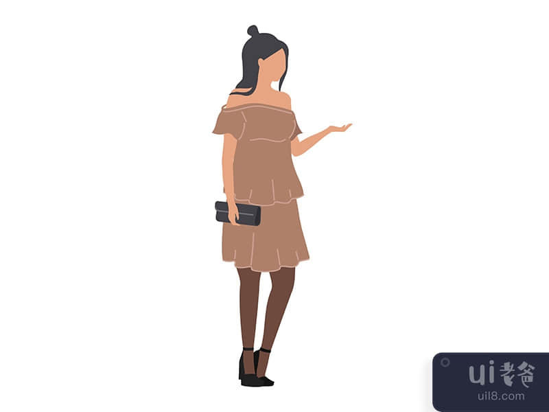 Black haired lady wearing evening outfit semi flat color vector character