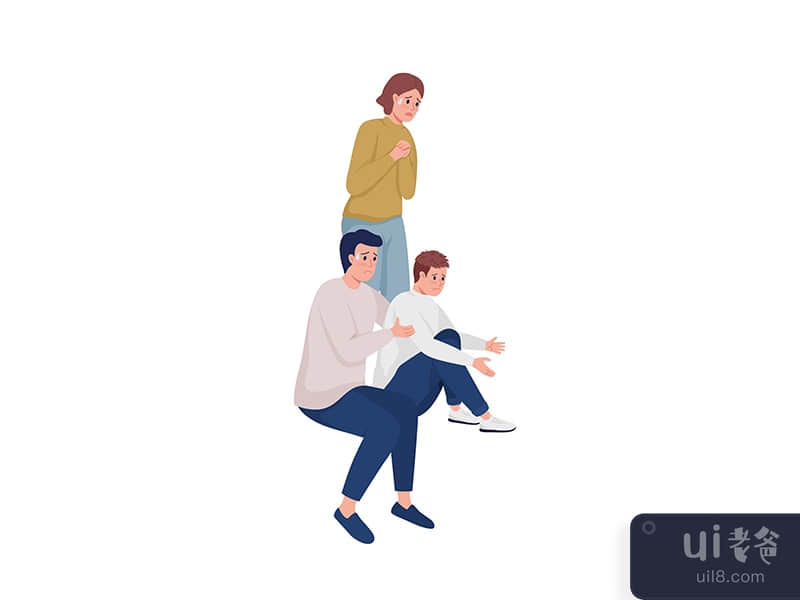Anxious family members with dog semi flat color vector characters