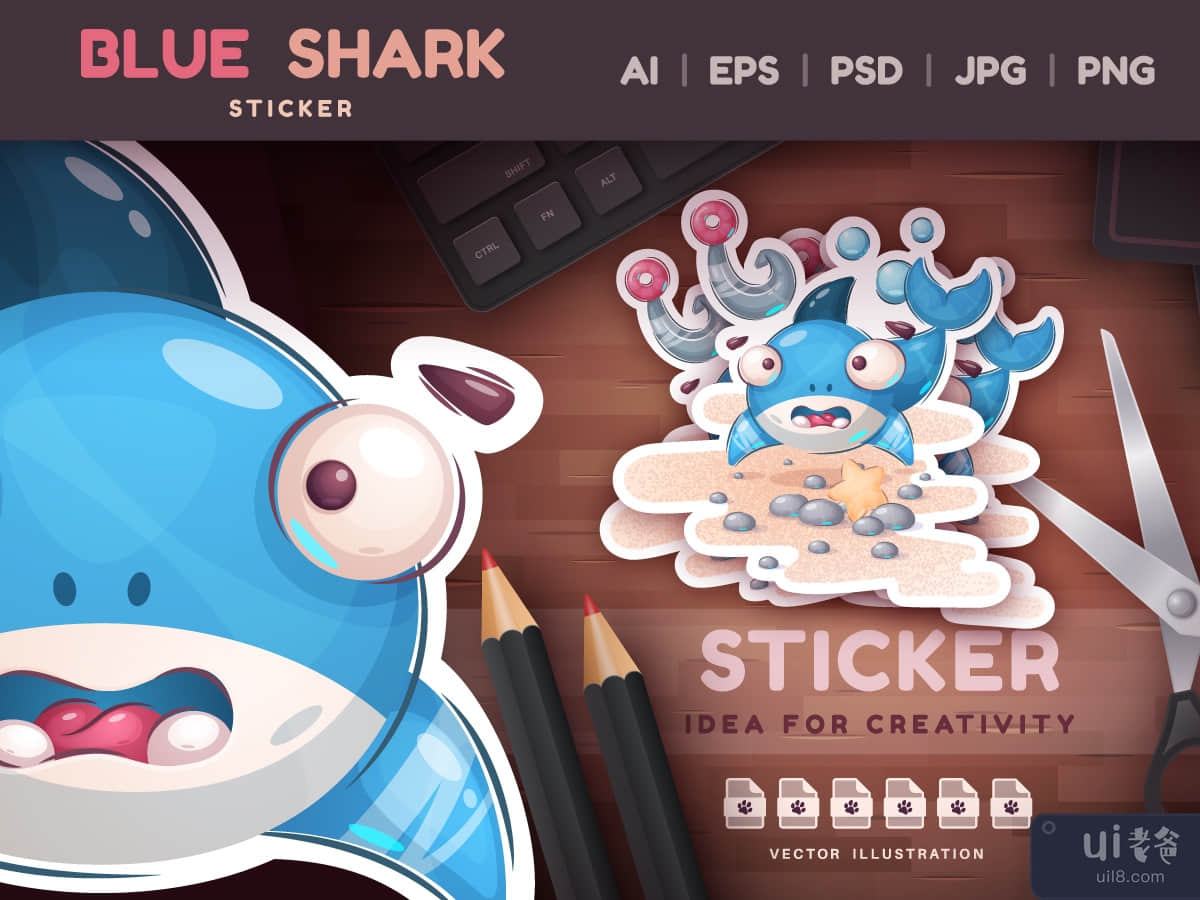 Childish Cartoon Character Sticker Fish Shark