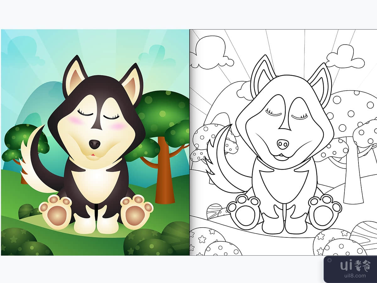 coloring book for kids with a cute husky dog character illustration