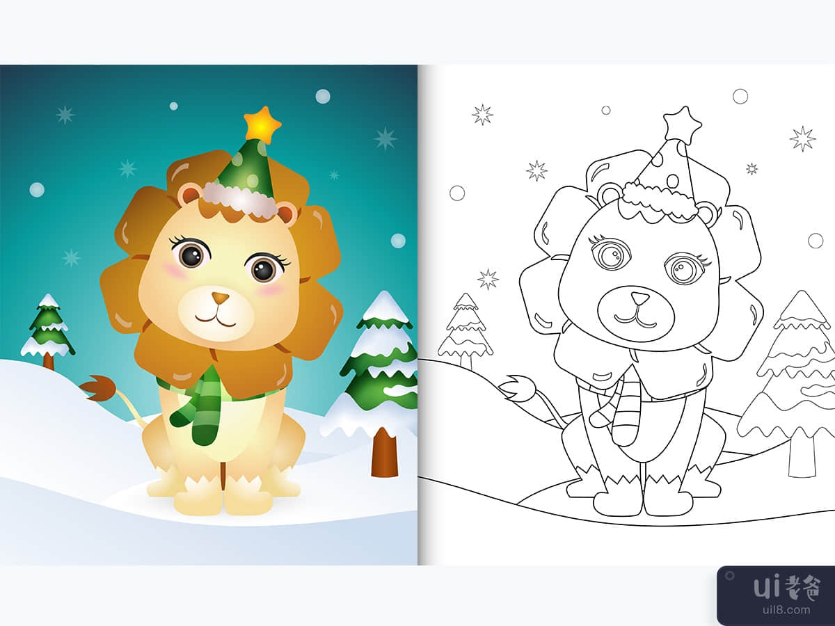 coloring book with a cute lion christmas characters collection