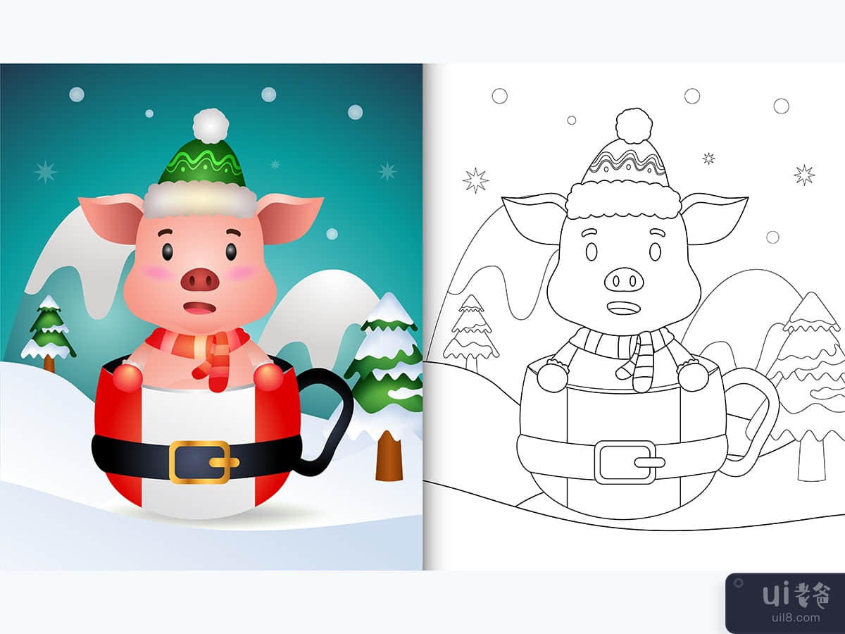 coloring book with a cute pig christmas characters  in the santa cup