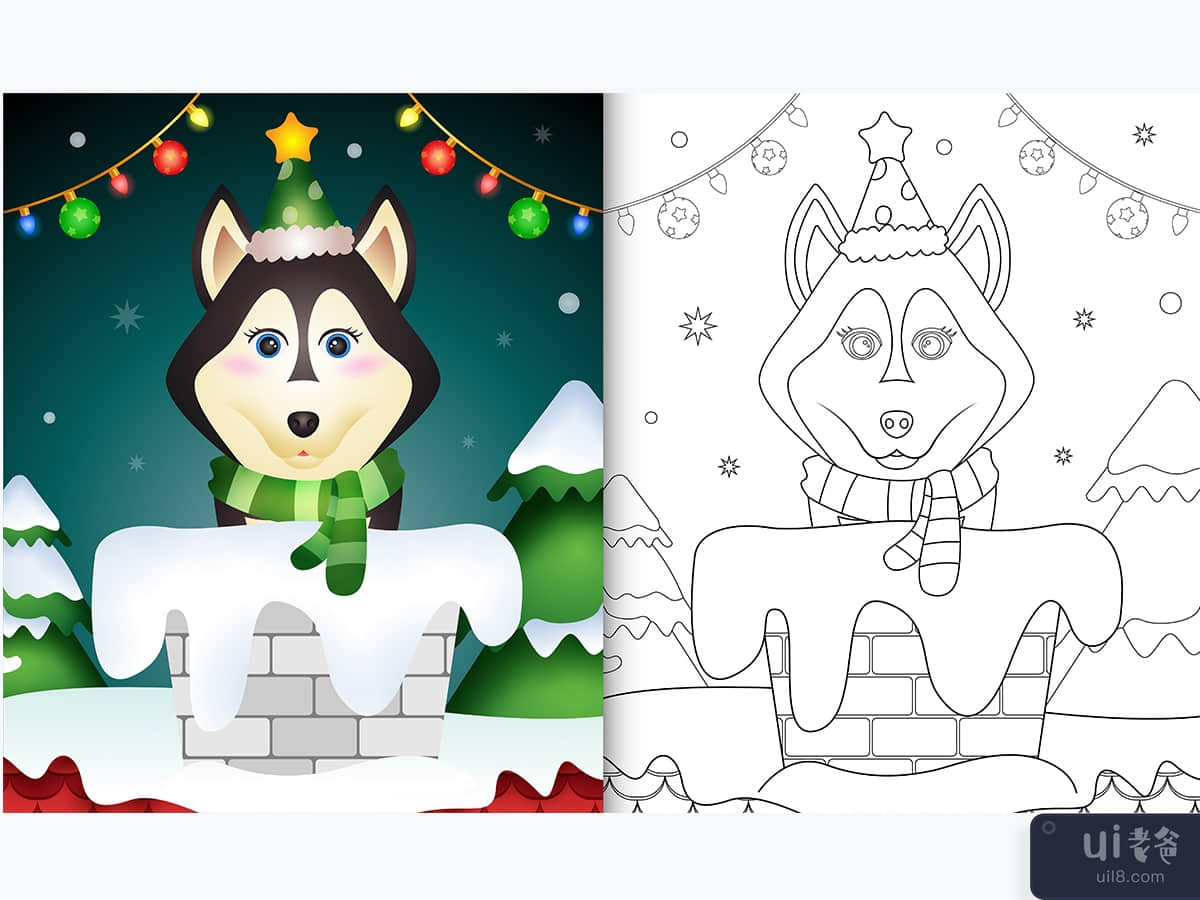 coloring book for kids with a cute husky dog using hat and scarf in chimney