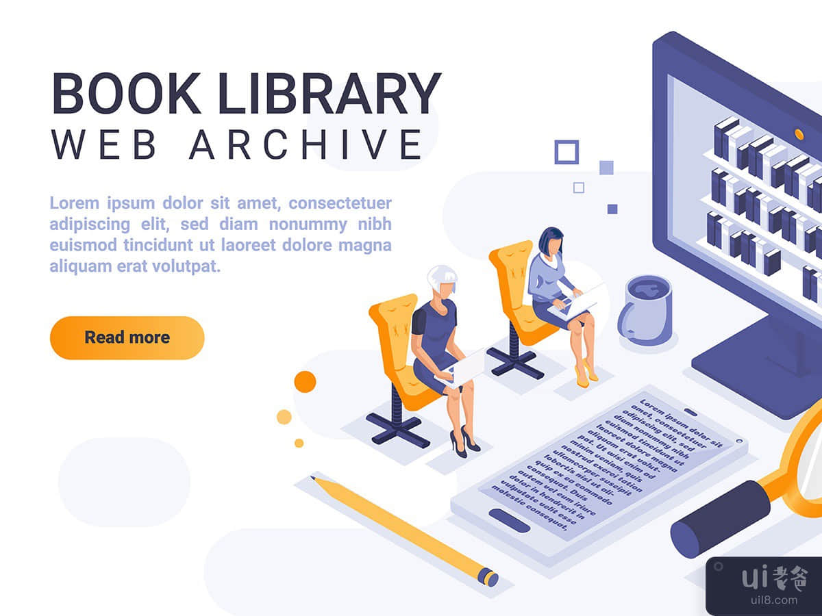 Book Library Isometric Header Flat Concept