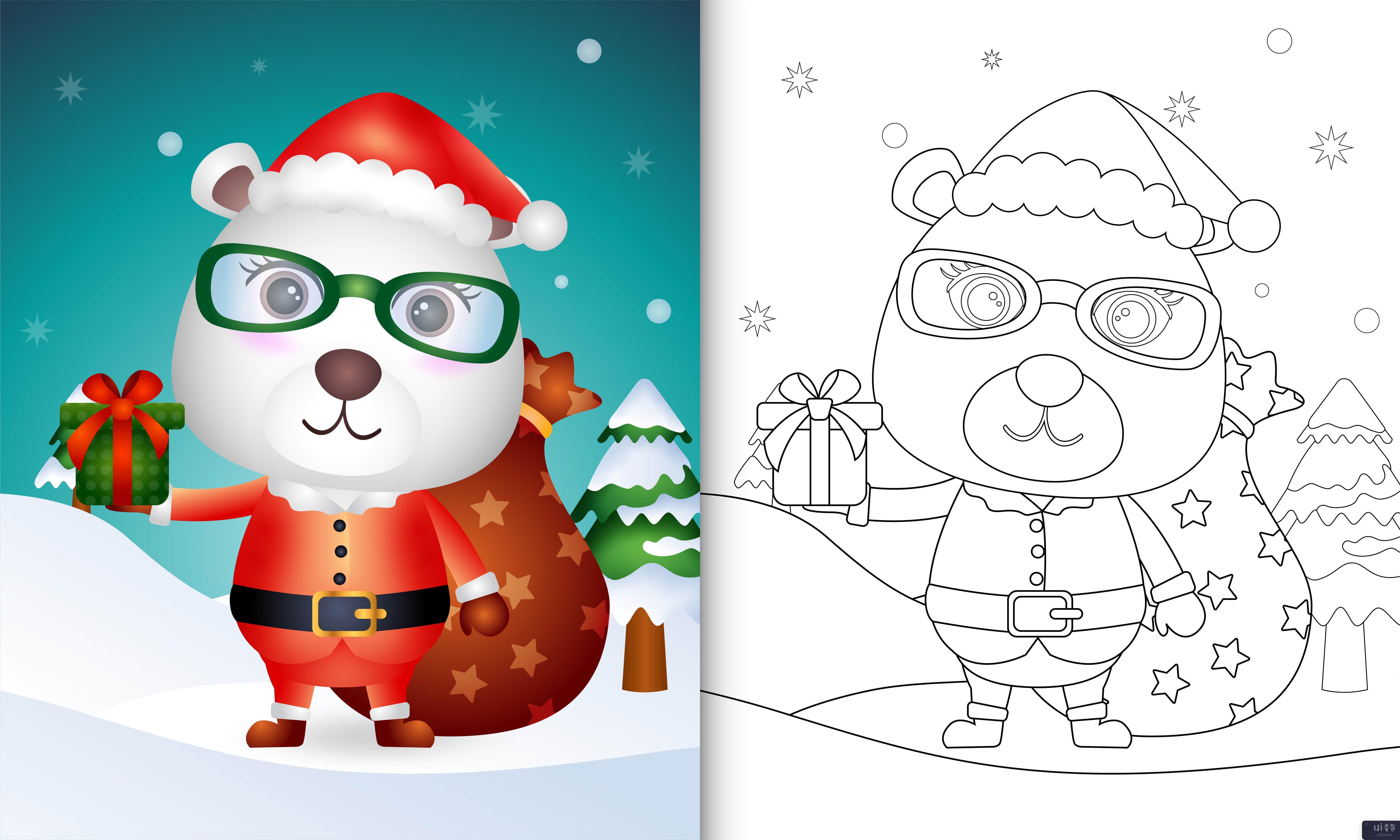 着色书与可爱的北极熊穿着圣诞老人服装(coloring book with a cute polar bear using santa clause costume)插图2