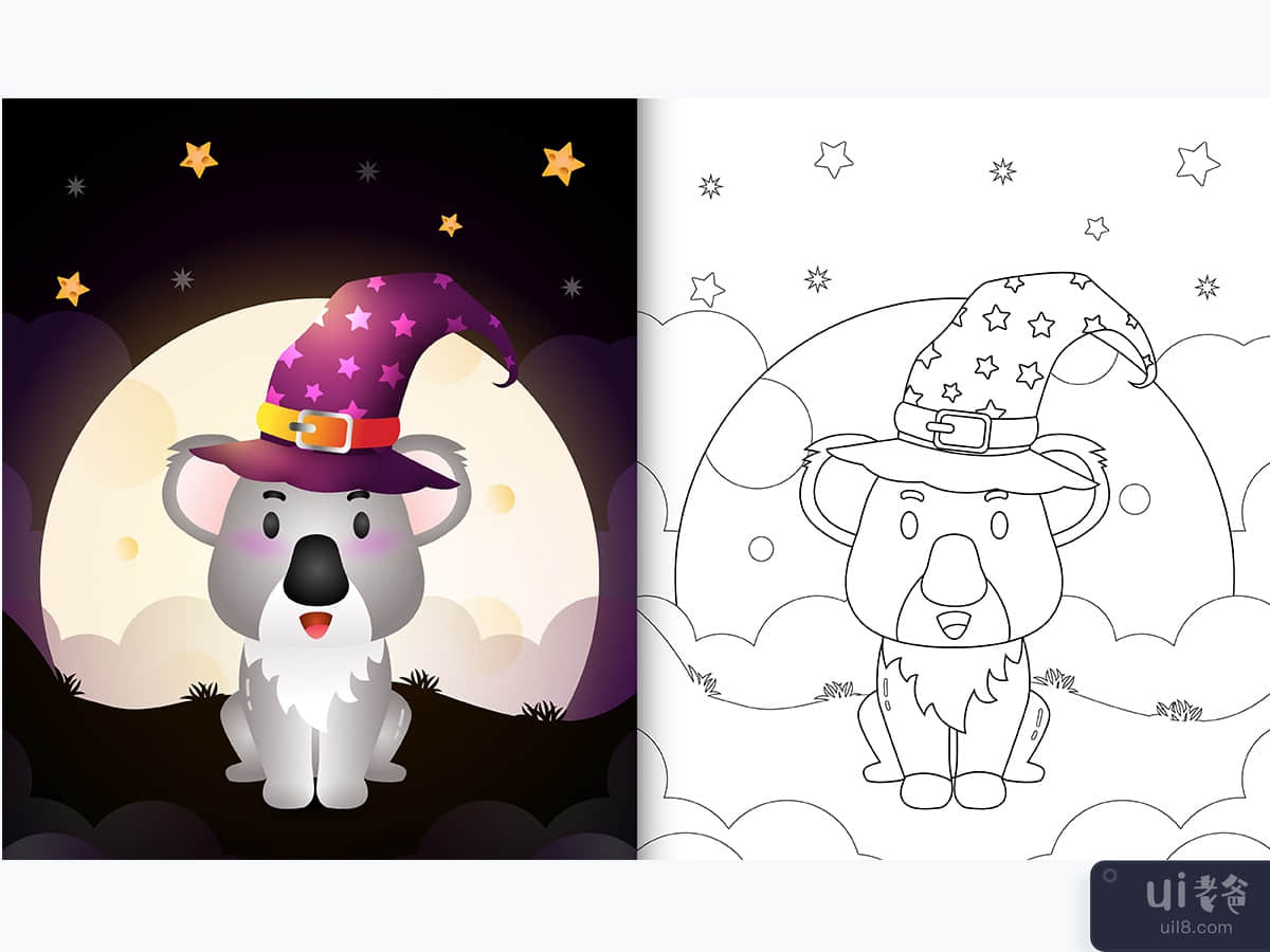 coloring book with a cute cartoon halloween witch koala front the moon