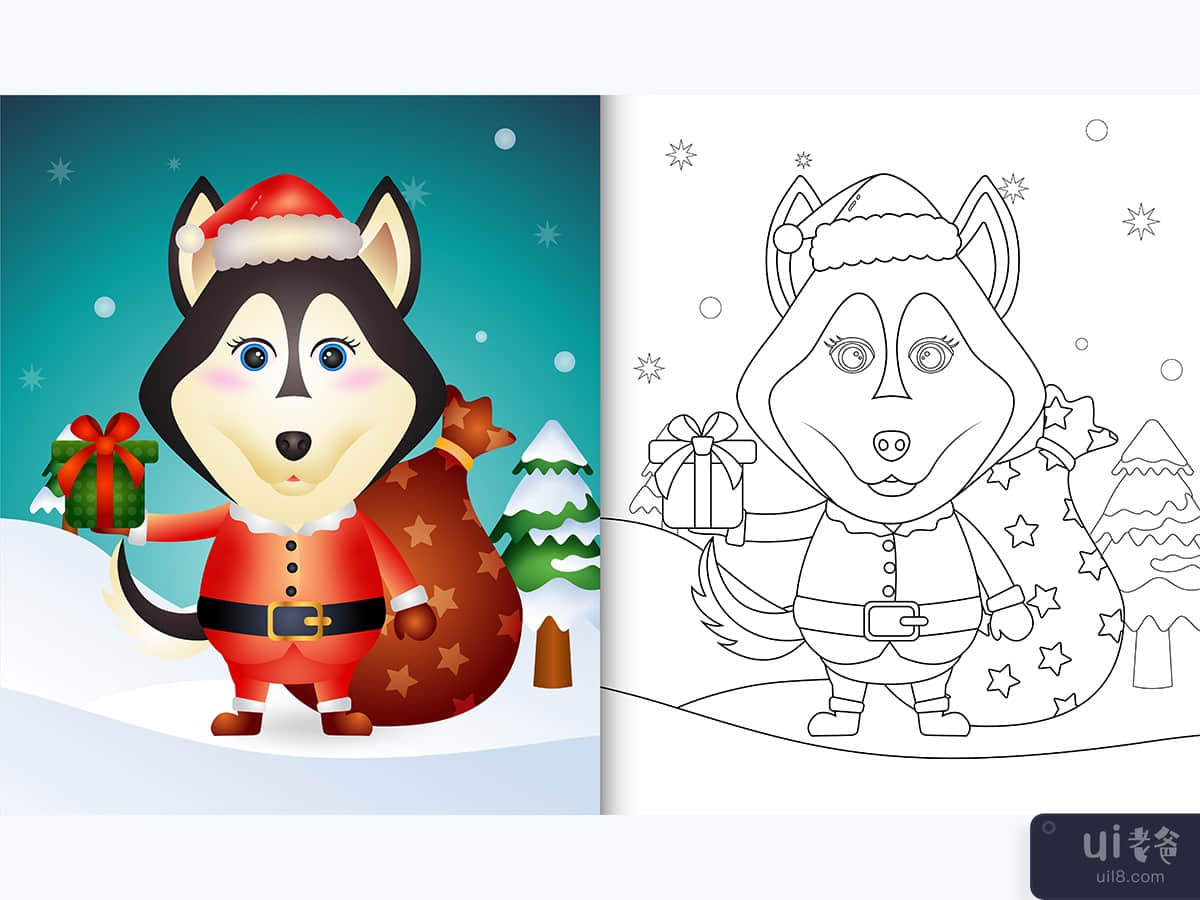 coloring book with a cute husky dog using santa clause costume
