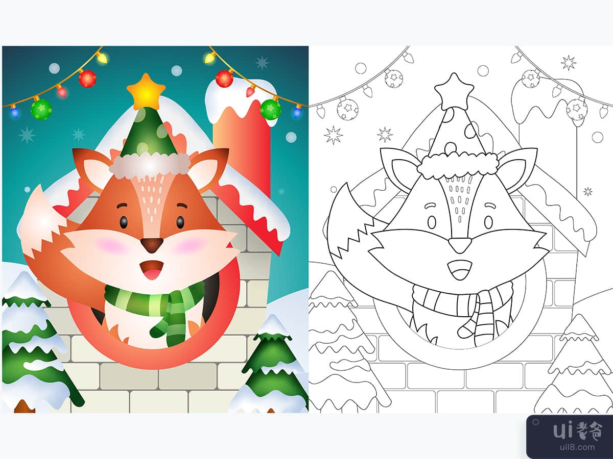 coloring book with a cute fox christmas characters 