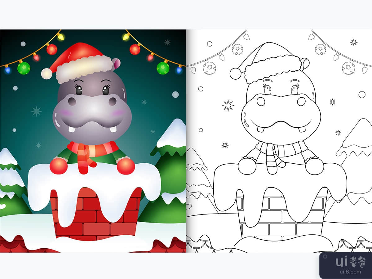 coloring for kids with a cute hippo using santa hat and scarf in chimney