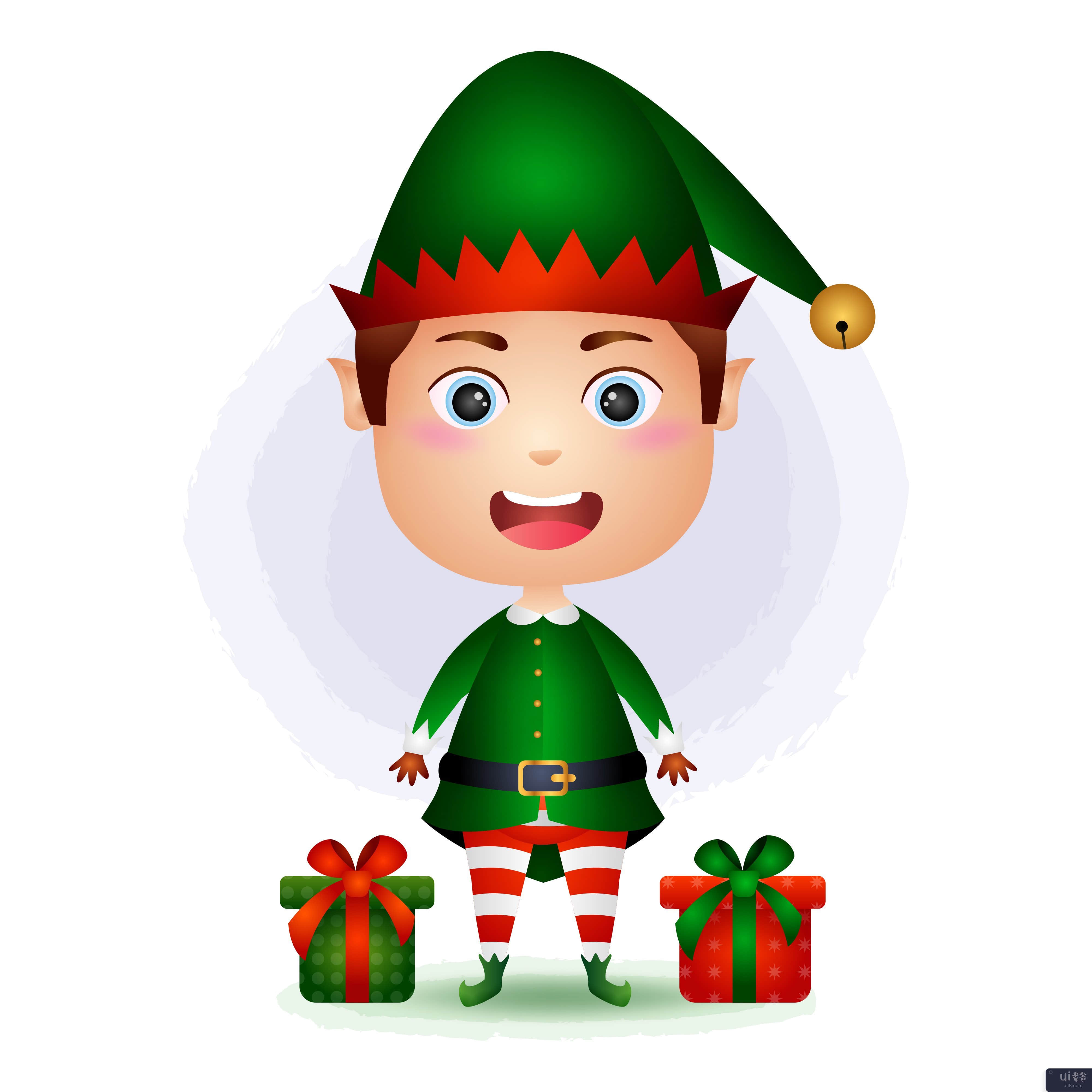 可爱的男孩精灵与礼品盒矢量图(cute boy elf with gifts box vector illustration)插图2