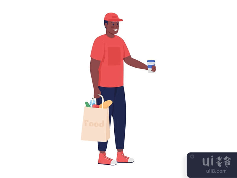 Courier delivering coffee semi flat color vector character