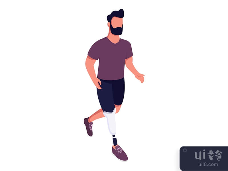 Active man jogging with prosthetic leg semi flat color vector character