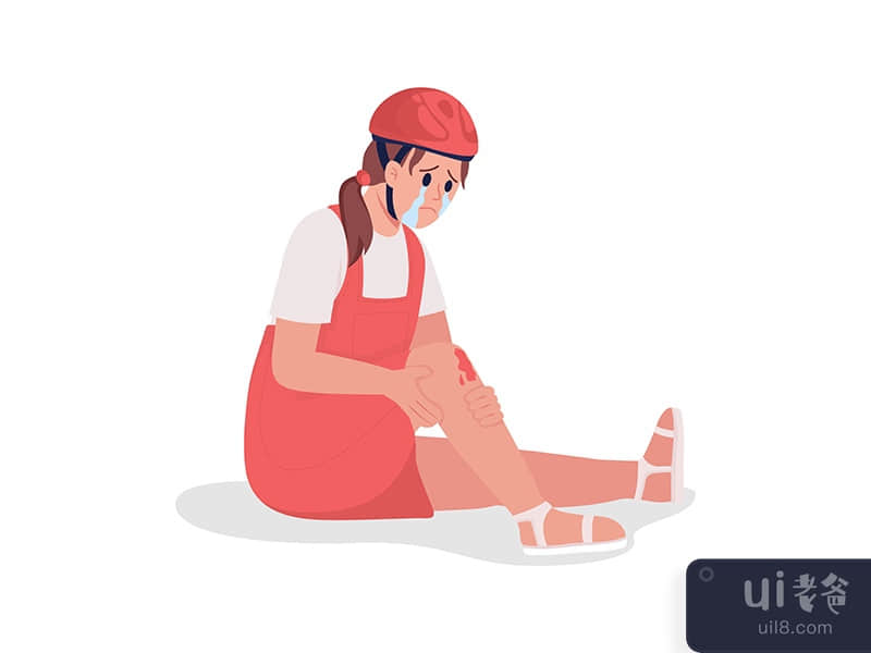 Crying girl with scratched knee semi flat color vector character