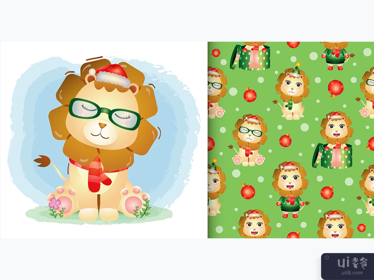a cute lion christmas characters seamless pattern and illustration designs