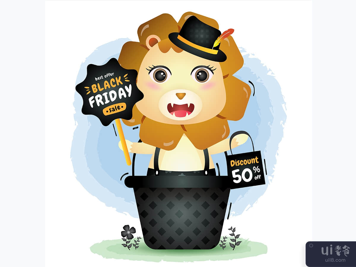 黑色星期五促销，篮子里放着一只可爱的狮子(Black friday sale with a cute lion in the basket)插图2