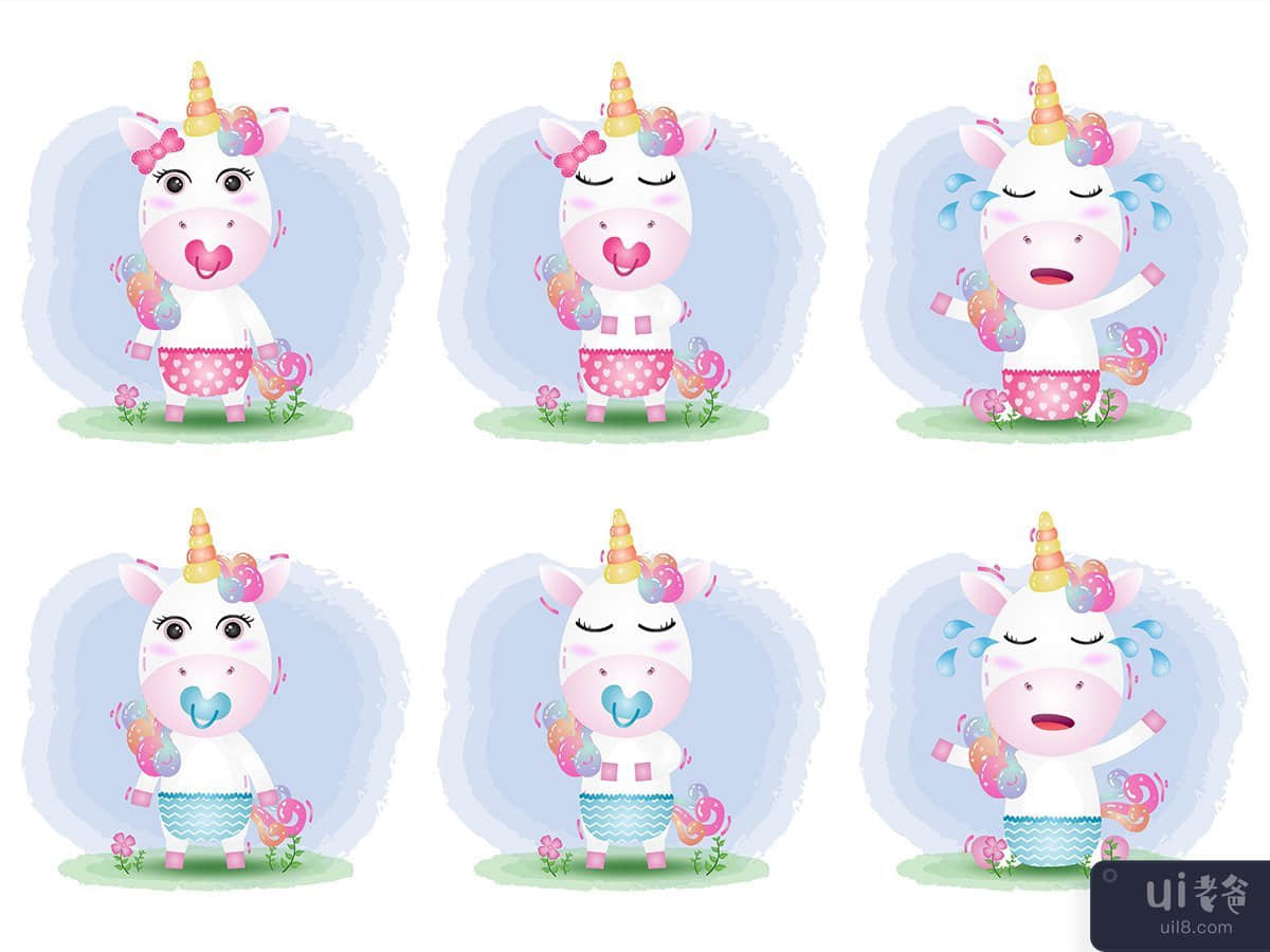 儿童风格的可爱宝贝独角兽系列(cute baby unicorn collection in the children's style)插图2