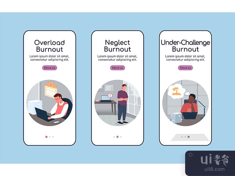 Burnout types onboarding mobile app screen flat vector template