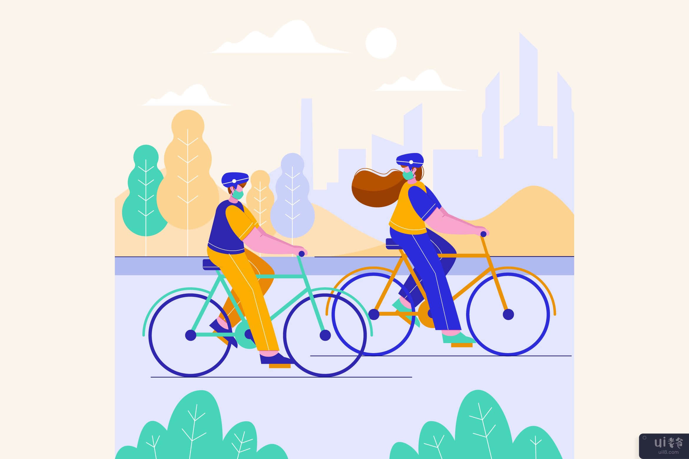 在城市公园插图中骑自行车的情侣(Couple Cycling in The City Park Illustration)插图2