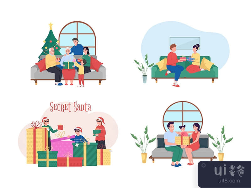 Christmas gift exchange 2D vector web banner, poster set