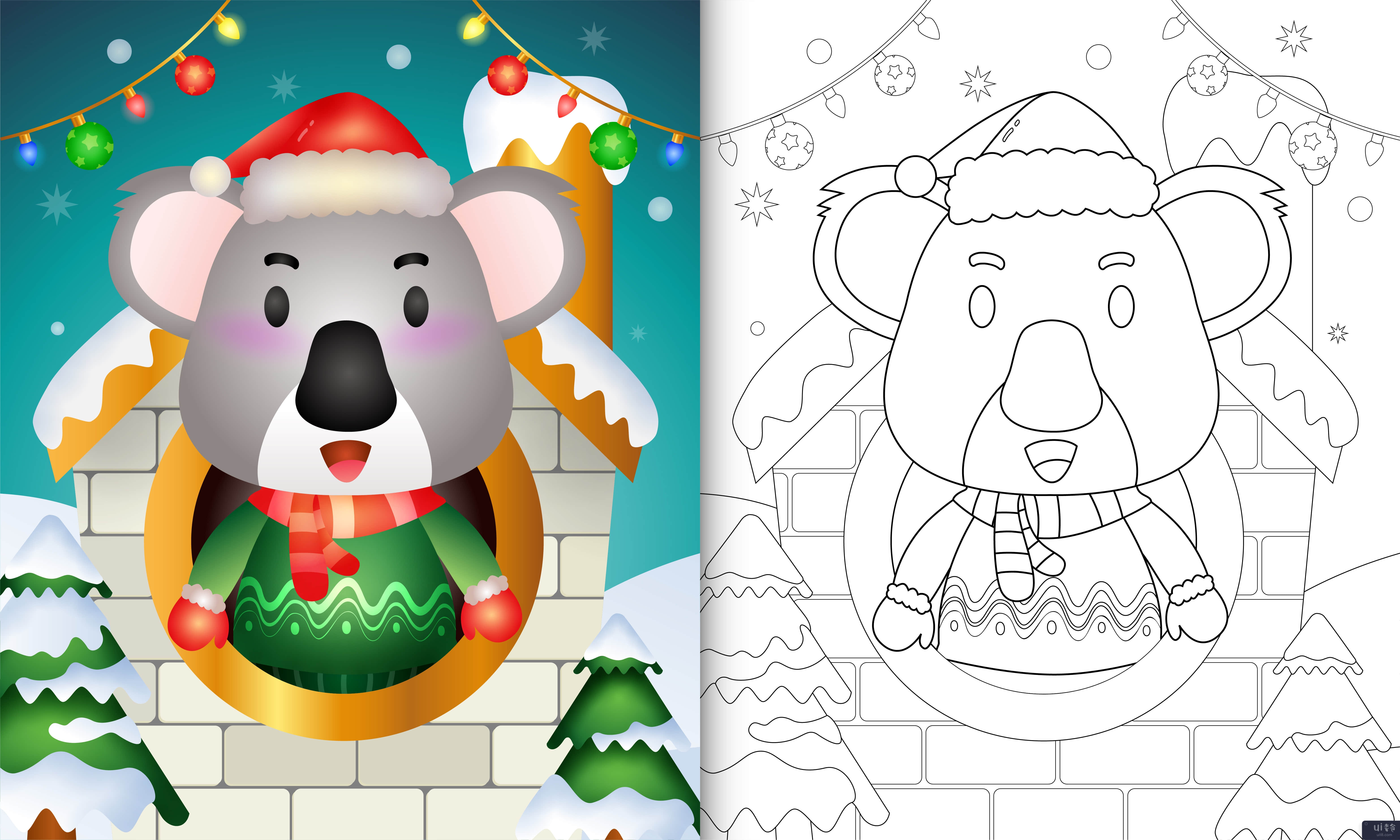 用圣诞帽和围巾为可爱的考拉圣诞人物着色书(coloring book with a cute koala christmas characters using santa hat and scarf)插图2